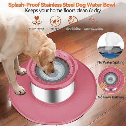 Decflow 12L No Spill Dog Water Bowl for Large Dogs, Stainless Steel Spill Proof Bowls with Suction Cup Anti-Skid Mat, Slow Feeder for Messy Drinkers, Heavy Duty Pet Bowls for Indoor/Outdoor Pink