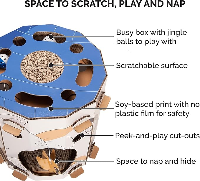 Furhaven Cardboard Hideout w/ Catnip for Indoor Cats, Ft. Scratching Pad, Ball Track, & Toys - Kitty Hideaway Corrugated Cat Scratcher House - Cat Print, One Size