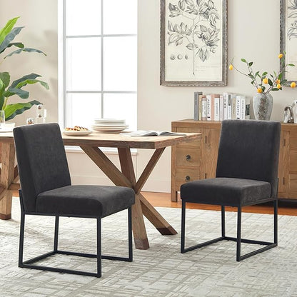 VKNOW Upholstered Dining Chairs Set of 4, Modern Dining Room Chairs, Linen Kitchen Chair Dinner Chair with Black Metal Base for Kitchen Office, Dark Grey-Unstriped