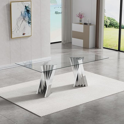 Goujxcy Modern 5 Piece Glass Dining Table Set Luxury Glass Kitchen Table and Chair Set for 4, 70" Large Rectangular Dining Room Table with 4 Tufted Chairs and Stainless Steel Legs (Silver & Beige)