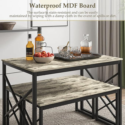 VECELO Kitchen Dining Table Benches Set for 4, 43.3" Wooden Dinette with 2 Benches, Heavy-Duty Dining Room Table for Small Space, Breakfast Nook, Grey