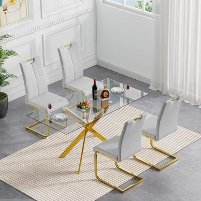 51'' Gold Glass Dining Table Set for 4,5 Piece Kitchen Table and Chairs Set with Metal Legs and 4 PU Leather Dining Chairs for Kitchen Room Small Spaces