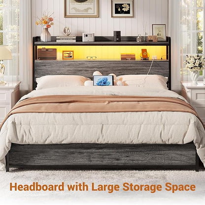 Aheaplus Headboard for Full Size Bed Frame, Headboards with Outlets, USB Ports and LED Light, Head Board with Storage, Height Adjustable, Sturdy and Stable Headboard, Full Size, Black Oak