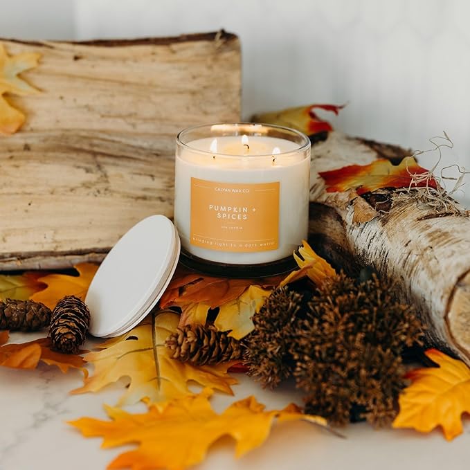 Calyan Wax Co. Pumpkin & Spices 3 Wick Scented Candle - 43 Hour Burn - Luxury 3 Wick Soy Candles - Non Toxic Soy Wax Candles - Long Lasting Large Glass Jar Candle for Home - 14.9oz