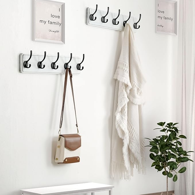Dseap Coat Rack Wall: Patented, Heavy-Duty, 17.4" Long 5-Double-Hooks Wooden Wall Mounted Coat Rack Coat Hanger Hook Rail for Winter Coats Hat Jacket Clothing, White & Black
