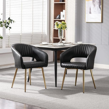 Modern Dining Chairs Set of 2, Upholstered PU Leather Gold Dining Room Chairs with Hollow Back, Accent Armrest Kitchen Chairs with Gold Legs for Living Room Black