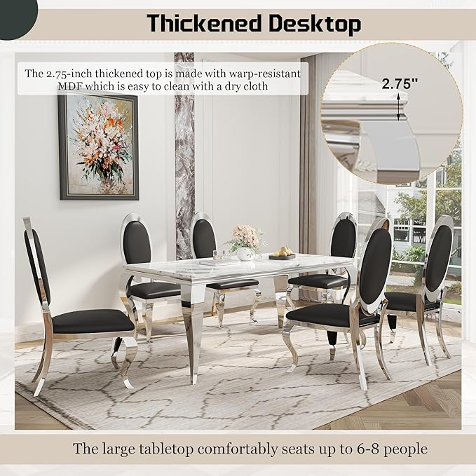 7-Piece Dining Table Set for 6, Faux Marble Modern Dining Table Set with 6 Big Oval Backrest Chairs, 70“ Stainless Steel Legs Table & Chair Set for Kitchen, Dining Room, Black & Silver