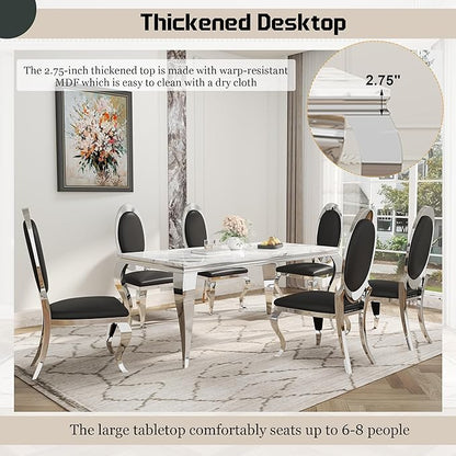7-Piece Dining Table Set for 6, Faux Marble Modern Dining Table Set with 6 Big Oval Backrest Chairs, 70“ Stainless Steel Legs Table & Chair Set for Kitchen, Dining Room, Black & Silver