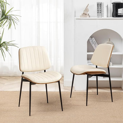 LUNLING Dining Chairs Set of 4 Mid Century Modern Retro Faux Leather Chairs with Walnut Bentwood Upholstered Seat Metal Legs Chair,Adjustable Foot for Kitchen Dining Room Chairs(Beige)