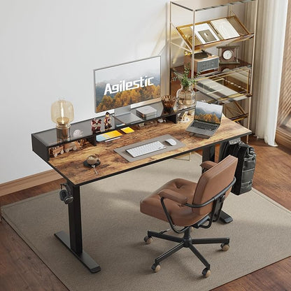 Agilestic Glass Standing Desk with Storage, 48 Inch Electric Adjustable Desk with Glass Shelf, Sit Stand Up Home Office Computer Table, Splice Board, Rustic Brown