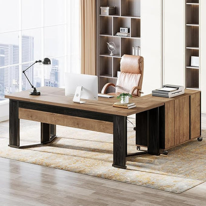 Tribesigns 70.86" Executive Desk with Mobile File Cabinet, Large L Shaped Computer Office Desk with 2 Drawers and Storage Shelves, Business Furniture Desk Workstation for Home Office (Light Brown)
