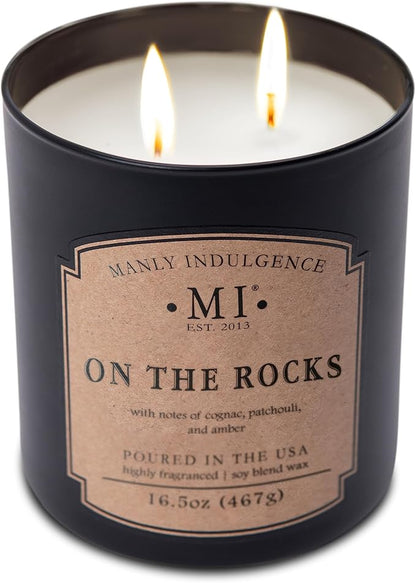 Manly Indulgence On The Rocks Scented Candles for Men, 2 Wick, 16.5 oz, Premium Soy Blend Wax, 60H Burn, Candles for Home Scented - Made in The USA