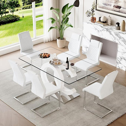 63'' Glass Dining Table Set for 6, Kitchen Table Chairs Set of 6, Clear Glass Dining Table with White unique design Leg and Silver Metal Base, 6 PU Dining Chairs with Metal Legs, Living Room, Kitchen.