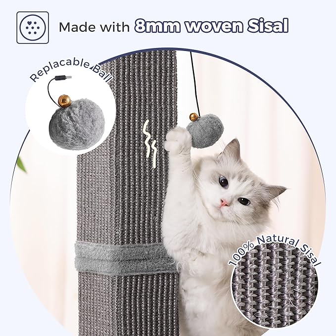 Large Cat Scratching Post with Heavy Duty Base 33" Sturdy Square Sisal Scracher Post and 2 Interactive Hanging Balls for Big Cats-Grey