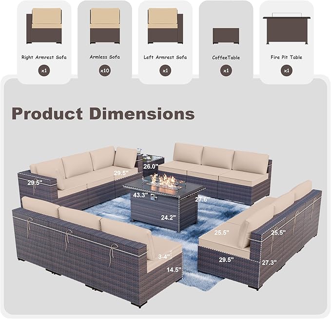 Kurapika 14 Pieces Patio Furniture Set, Rattan Wicker Outdoor Conversation Sets w/43in Propane Fire Pit Table and 4 Inch Cushion(Sand)