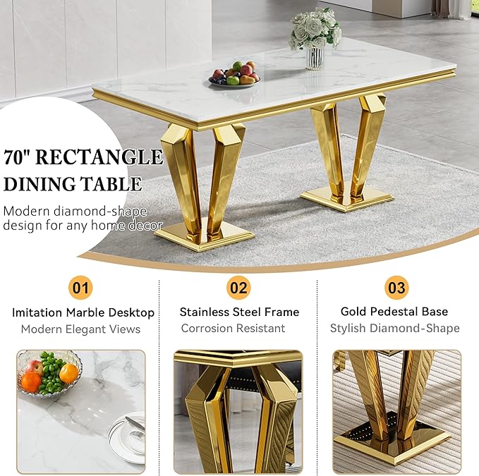 70" Faux Marble Dining Table Set for 6, 7-Piece Dining Set with White Gold Kitchen Table and 6 Velvet Tufted Chairs, Modern Rectangular Dining Room Table with Diamond-Shape Stainless Steel Base