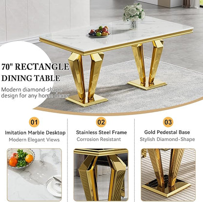 70" Faux Marble Dining Table Set for 6, 7-Piece Dining Set with White Gold Kitchen Table and 6 Velvet Tufted Chairs, Modern Rectangular Dining Room Table with Diamond-Shape Stainless Steel Base