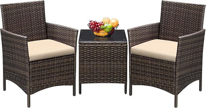 Greesum 3 Pieces Patio Furniture Sets Outdoor PE Rattan Wicker Chairs with Soft Cushion and Glass Coffee Table for Garden Backyard Porch Poolside, Brown and Beige