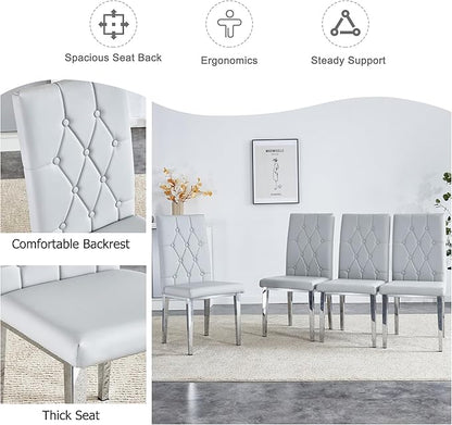 Modern Dining Table Set for 4,Dining Room Table Set for 4,Kitchen Table Set with 4 PU Leather Chairs,63'' Glass Dining Table Set with Silver U-Shaped Table Legs and Rectangular Base