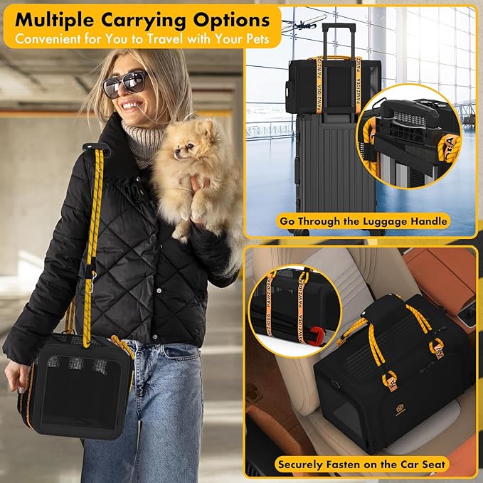 PAWZIDEA Expandable Pet Carrier with Wheels, 18"x11"x11" TSA Airline Approved Cat Carrier for 2 Cats Under Seat, Soft-Sided Dog Carrier for Small Dogs Rolling Travel Bag w/Telescopic Handle, ID Card