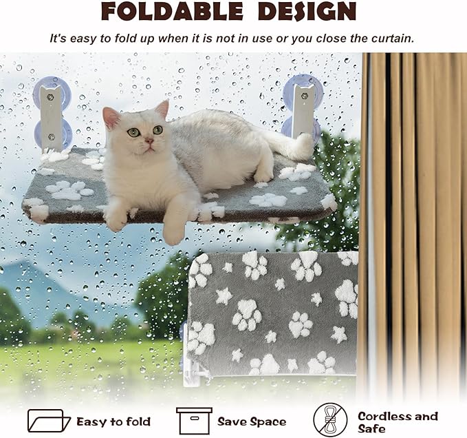 Cat Window Perch, Foldable Cat Window Hammock with Cute 3D Textured Paw Cover and Strong Suction Cups, Cordless Window Seat Bed for Indoor Cats (Grey, Large)