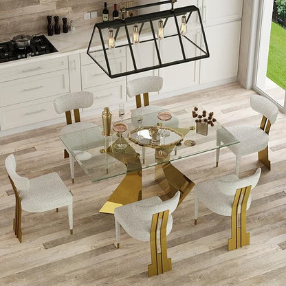 63in Gold Dining Table, Rectangular Glass Dining Table for 4-6 with Waved Legs in Polished Gold Chrome Finish, for Luxury Kitchen, Dining Room, Living Room,Apartment
