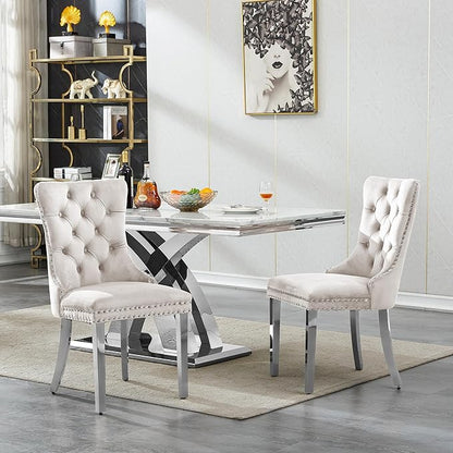 Goujxcy 68" Faux Marble Dining Table Set for 6, 7-Piece Dining Set with White Silver Kitchen Table and 6 Velvet Tufted Chairs, Modern Rectangular Dining Room Table with X-Shape Stainless Steel Base
