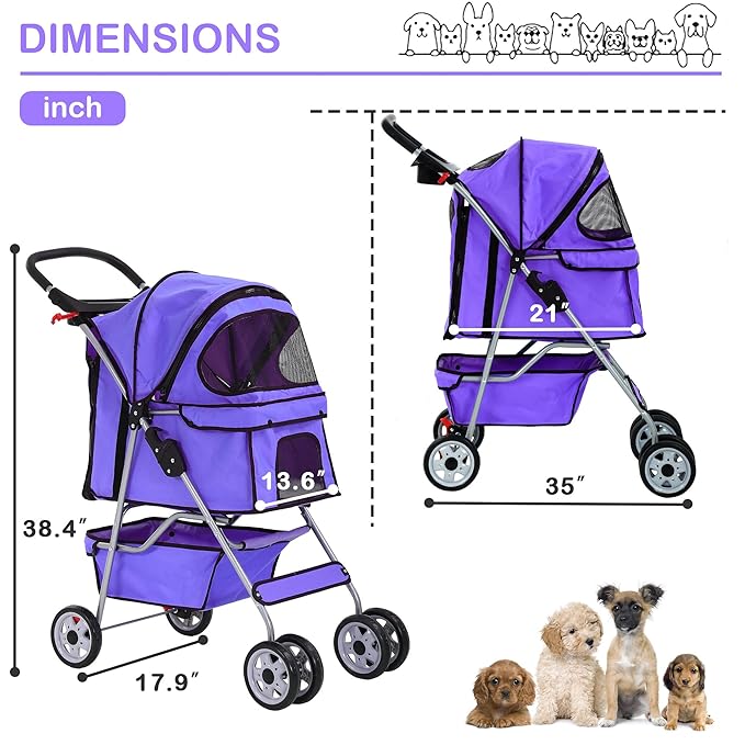 4 Wheels Dog Stroller, Foldable Pet Stroller for Small Medium Dogs, Portable Breathable Cat Stroller Dog Strollers with Storage Basket, Cup Holders, Removable Liner for Travel & Outdoor Use, Purple