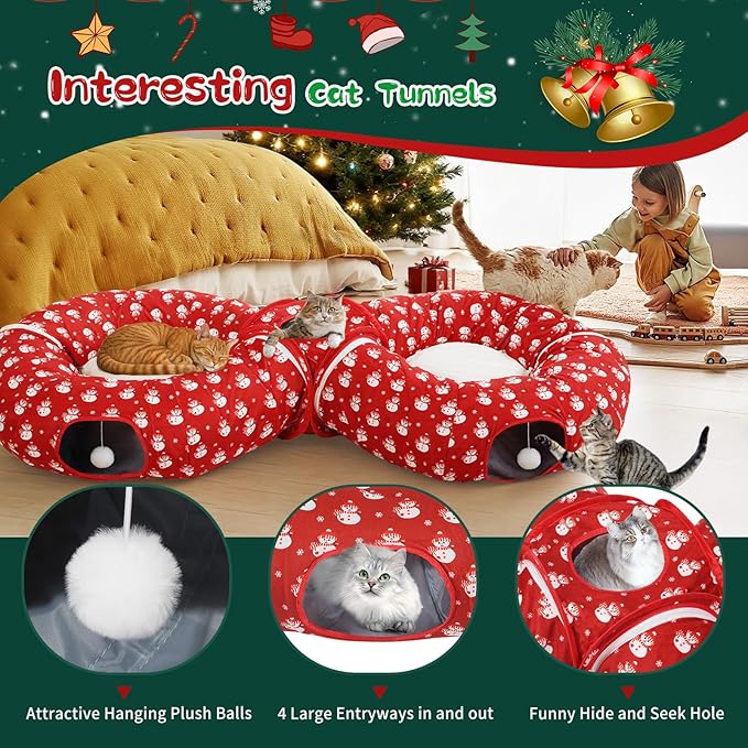Pawaboo 2-in-1 Cat Tunnel Bed for Indoor Cats, 8-Shaped Large Cat Tunnels with Plush Cushions, Foldable Cats Cave Hideout Kitty Toys with Fluffy Balls, Donut Tunnel for Kitten Rabbit Ferret, Red
