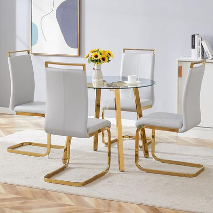 Round Dining Table Set for 4,36" Glass Dining Table Set for 4 with Stainless Steel Leg,Small Kitchen Table Set for 4 with Cushion Chairs,5 Piece Dining Table Set Space Saving