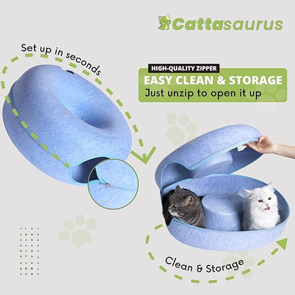 CATTASAURUS Peekaboo Cat Cave for Multiple & Large Cats Up to 30-45 Lbs, Scratch Detachable & Washable Tunnel Bed, Comfy Donut Cat Cave (Blue, Large)