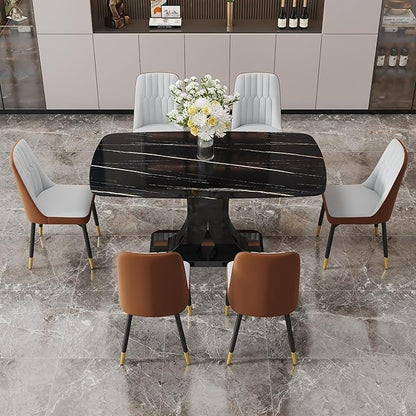 Modern Dining Table Set for 6, Marble Kitchen Table Chair Set for 6, Rectangular Kitchen Table with 6 Pu Leather Upholstered Chair for Dining Room