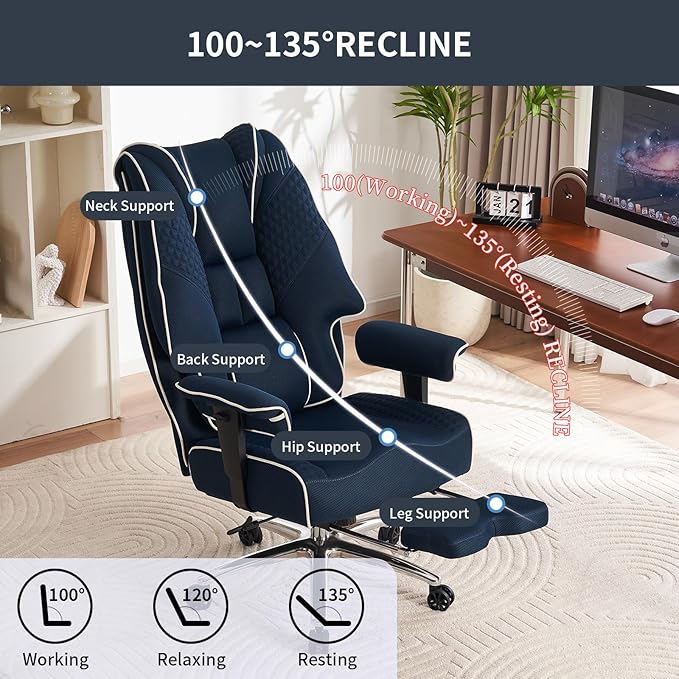 Big and Tall Office Chair 400lbs Wide Seat, Leather High Back Executive Office Chair with Lumbar Support, Ergonomic Chairs Padded Armrests & Thick Cushion (Mesh Blue)