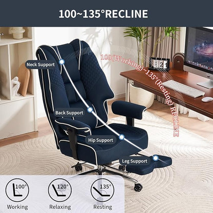 Big and Tall Office Chair 400lbs Wide Seat, Leather High Back Executive Office Chair with Lumbar Support, Ergonomic Chairs Padded Armrests & Thick Cushion (Mesh Blue)