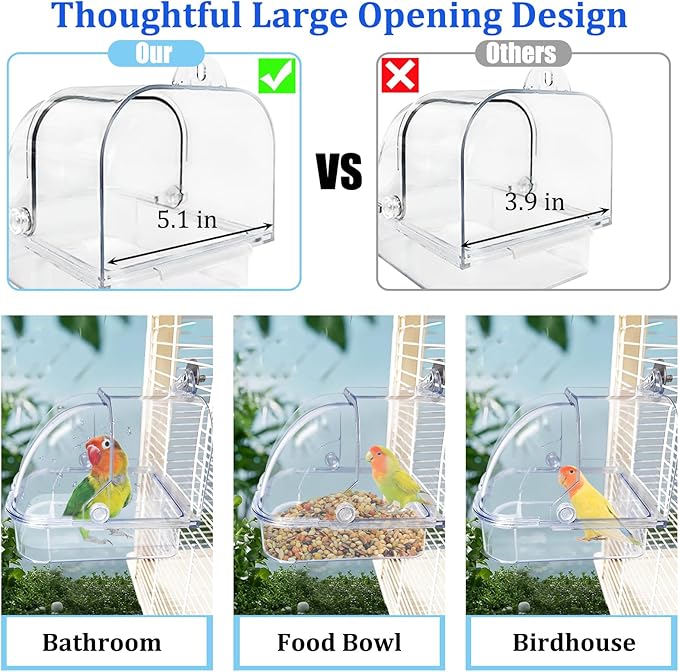 Tfwadmx Bird Cage Bath Hanging Parrot Bath Tub Water Shower Food Feeder Holder Tray Bird Bath Supplies for Small Birds Canary Budgies Cockatiel Lovebirds (Transparent)