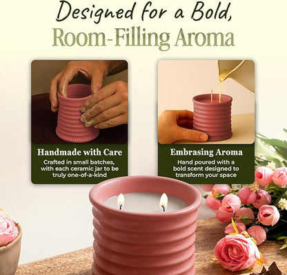 Scented Luxury Candles in Handmade Ceramic Jars, Soy Wax | Canal Rose – Rose Bud & Oud Scented, Large Candle | Non Toxic, 2 Wicks, Reusable Big Pink Jar | Natural Spring Aromatherapy for Women & Men