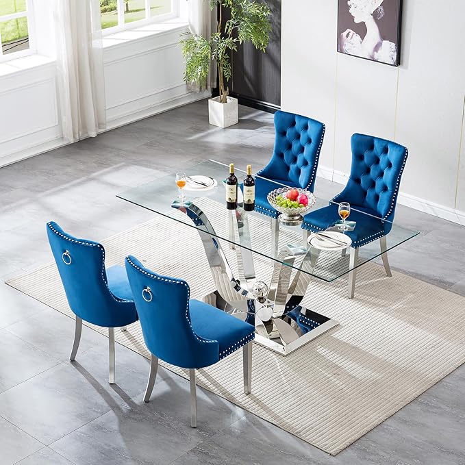 70" Modern Silver Glass Dining Table Set for 4, 5-Piece Rectangle Kitchen Dining Room Table Set with Steel Base & 4 Blue Velvet Upholstered Chairs, Modern Glass Kitchen Table and Chairs Set of 4