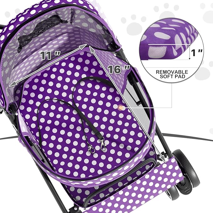 MoNiBloom 4 Wheels Pet Stroller, Easy-Fold Umbrella Shaped Dog Cat Jogger Stroller w/Storage Bag & Visible Mesh for Small/Medium Dogs Cats Purple Polka Dots