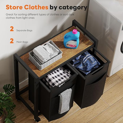 Sweetcrispy Laundry Hamper with 2 Pull-Out Removable Sorter Bags, Movable Wheels, Freestanding Clothes Basket Organizer in Bathroom, 2 × 13.1Gal (99L) Capacity, Rustic Brown and Black