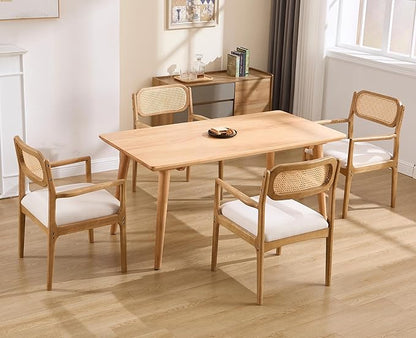 EALSON Rattan Dining Chairs with Arms Set of 6 Mid Century Dining Room Chairs with Wood Legs Linen Upholstered Kitchen Chairs Farmhouse Cane Back Arm Chairs for Living Room, Beige, Light Natural