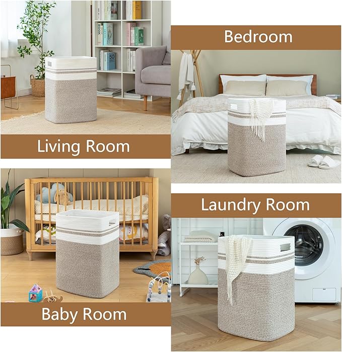 OIAHOMY Laundry Hamper-Laundry Basket,Tall Cotton Storage Basket with Handles,Decorative Blanket Basket for Living room,Collapsible Large Basket for Toys,Pillows,Clothes-16x13x22in-Yellow variegated