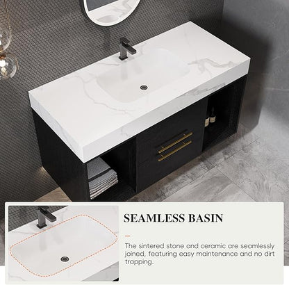 Goujxcy 39.4" Wall Mounted Bathroom Vanity with Sink, Modern Floating Bathroom Cabinet with Ceramic Sink & 2 Drawers, Wood Hanging Bath Room Cabinet with Soft-Close System (White & Black)