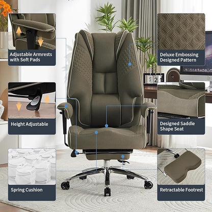 Big and Tall Office Chair 400lbs Wide Seat, Leather High Back Executive Office Chair with Lumbar Support, Ergonomic Chairs Padded Armrests & Thick Cushion (Mesh Green)