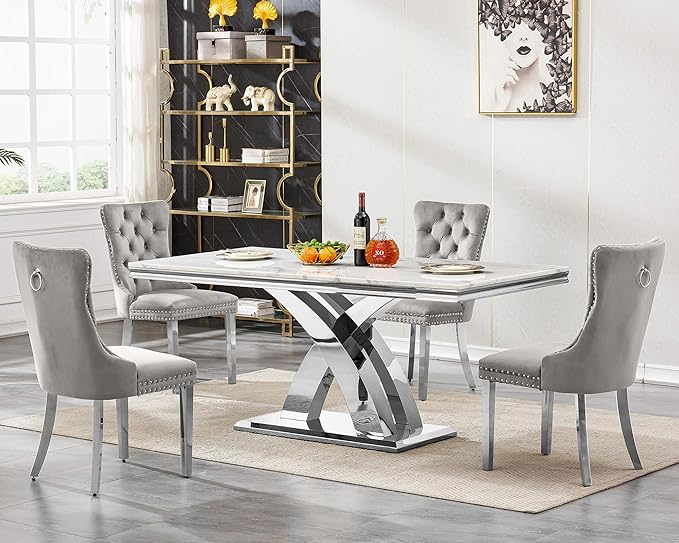 Modern White Marble Dining Table Set for 4,5-Piece Kitchen Table and Chairs for 4,Luxury Silver Dining Room Table Set w/68" Rectangle Dinner Table & 4 Grey Velvet Chairs for Kitchen Dining Room