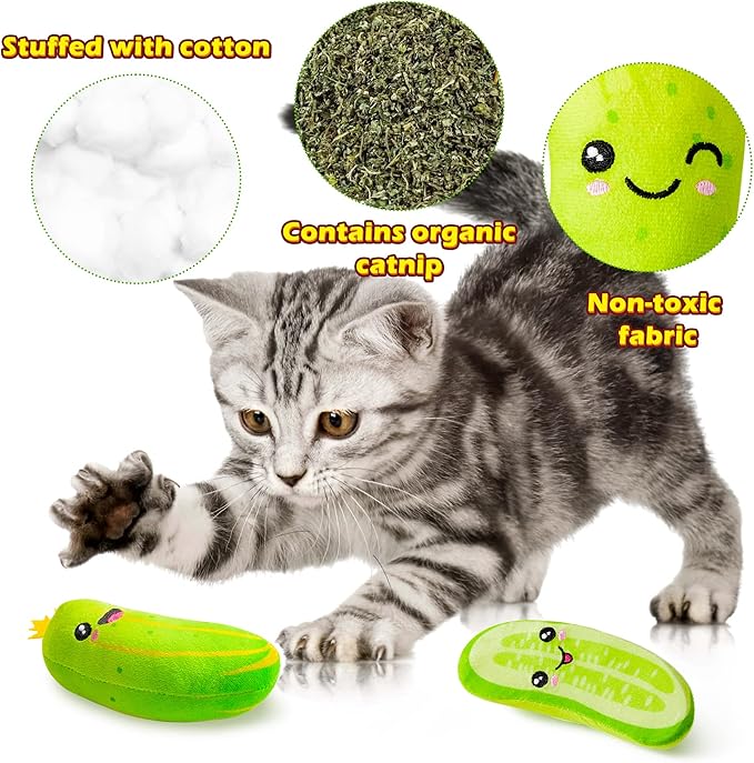 MALLMALL6 Pickle Catnip Cat Toys - 5Pcs Indoor Kitten Chew Bite Kick Cucumber Catmint Interactive Toys for Cat Lover Gifts, Kitty Boredom Relief Supplies with Cute Expression for Pet Birthday Presents
