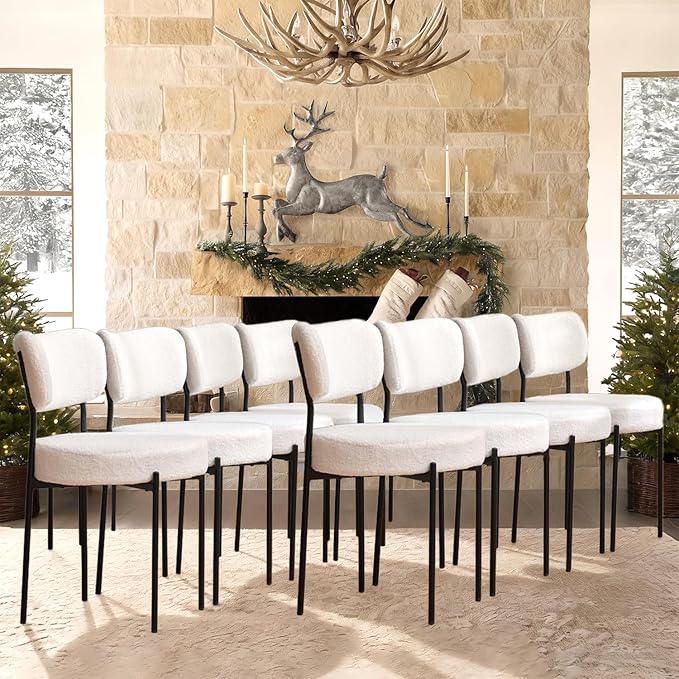 White Boucle Dining Chairs Set of 8, Upholstered Dinner Chair with Metal Frame, Dining Room Chairs with Padded Seat, Round Modern Seating for Living Room