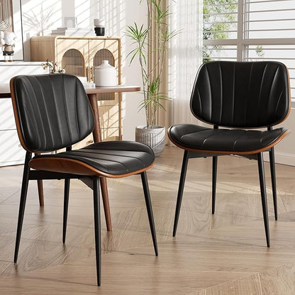 Dining Chair, Mid Century Modern Dining Room Chairs, Upholstered Faux Leather Kitchen Chairs with Walnut Bentwood Back and Metal Legs for Kitchen Dining Room Living Room, Black