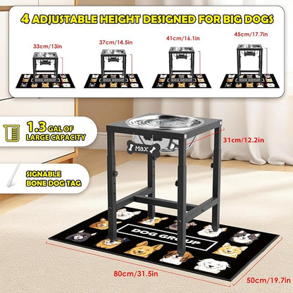 ADENGL 1.32 Gallon Elevated Dog Water Bowl for Large Dogs, 4-Height Adjustable (13–18'') Raised Stainless Steel Bowl with Spill-Proof Mat & Sturdy Metal Stand, Easy-Clean Feeder for Indoor/Outdoor Use