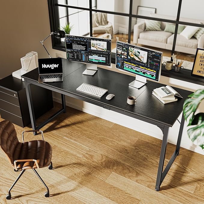Huuger Modern Simple Office Desk, 63 Inch, Gaming & Writing Desk with Storage, Large Legroom, Metal Frame, Black