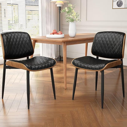 Dining Chairs Set of 4, Mid-Century Modern Upholstered PU Leather Chairs with Walnut Back and Metal Legs Adjustable Feet for Kitchen Dining Room, Black Diamond Plaid